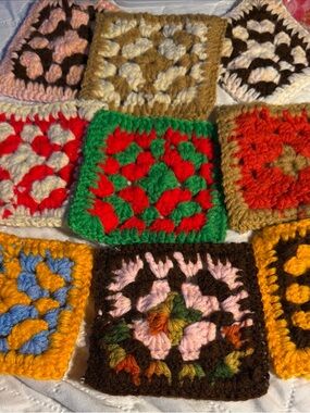 Handmade Crochet Granny Square Patchwork - Multicolor lot of 9 5” ea